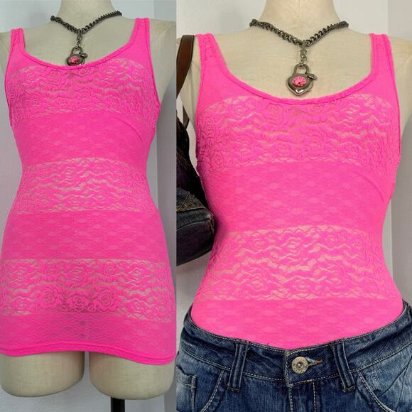 BKE Neon Pink Sheer Lace Long Tank Top Size XS - Picture 1 of 7